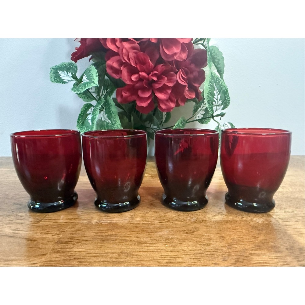 Vintage Ruby Red Glasses Set Holiday Barware Footed‎ Tumblers MCM Bar Cart Host